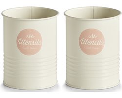 2x Wit/roze kookgerei houders/blikken 11 x 15 cm - Zeller - Keukenbenodigdheden - Keukenaccessoires/decoraties - Keukengereedschappen neerzetten - Kookgerei houders/blikken