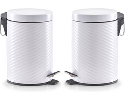 2x Witte vuilnisbakken/pedaalemmers met groeven 3 liter - Zeller - Huishouding - Badkameraccessoires/benodigdheden - Toiletaccessoires/benodigdheden - Kleine prullenbakken