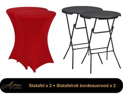 2x zwarte Statafel + bordeaux Statafelrok x 2 – 80 cm Dia x 110 cm hoog – Cocktailtafel – Hoge staan tafel – Breed Blad – Inclusief bordeaux Statafelhoes – Staantafelrok Stretch R