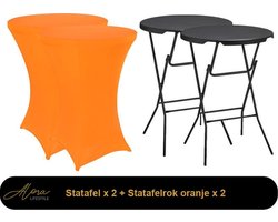 2x zwarte Statafel + oranje Statafelrok x 2 – 80 cm Dia x 110 cm hoog – Cocktailtafel – Hoge staan tafel – Breed Blad – Inclusief oranje Statafelhoes – Staantafelrok Stretch R