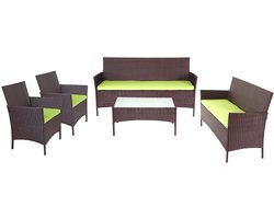 3-2-1-1 Poly-rattan tuinset Halden, loungeset bank ~ bruin-gemarmerd, kussens groen