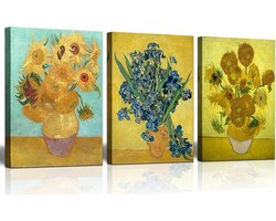 3 Delen Zonnebloemen en Irissen Canvas Schilderij - Klassieke Kunst reproductie voor Woonkamer en Slaapkamer