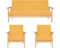 3-delig. Bankset geel met 2 fauteuils en 3-zitsbank, bekleed met schuim, bekleding van zacht polyester, massief houten frame, tot 110 kg per stoel, eenvoudige montage
