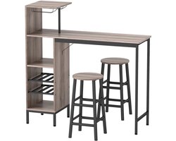 3-delig. Bartafel-set Met Opbergruimte, Wijnrekken, Glashouders, Krukken Met Voetensteun, Voor Kleine Ruimtes, Grijs
