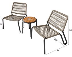 3-delig Bistro Set - Balkonmeubilair - Tuinmeubel -Tafel & stoelen - Stevig Gegalvaniseerd Staal & Handgevlochten Touw - Massief Hout, 160 Kg Belastbaar