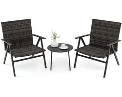 3-delig Bistroset voor Buiten Tuinmeubelset Inclusief Ronde Bijzettafel en 2 Stoelen van Metalen Frame