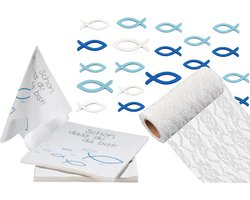 3 Delig - Communie Decoratie Pakket - Inclusief 30 Stuks Houten Decoratie Vissen - 20 Servetten En 1 Rol Decoratieve Tulle - Geschikt Voor Doopsel, Communie, Feestdagen - Blauw