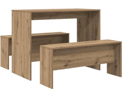 3-delig Eettafel en Bank Set van Bewerkt Hout