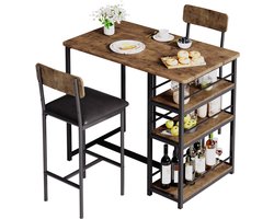 3-delig Eettafel Set - 91x50x91cm - Bartafel met Opbergrekken - 2 Beklede Stoelen met Rugleuning - Compact voor Restaurant Appartement of Bistro - Bruin