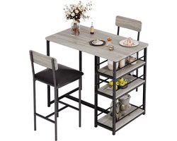 3-delig Eettafel Set - 91x50x91cm - Bartafel met Opbergrekken - 2 Beklede Stoelen met Rugleuning - Compact voor Restaurant Appartement of Bistro - Grijs