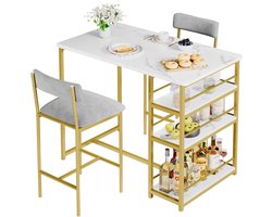 3-delig Eettafel Set - 91x50x91cm - Bartafel met Opbergrekken - 2 Beklede Stoelen met Rugleuning - Compact voor Restaurant Appartement of Bistro - Grijs + Goud