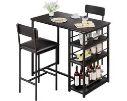 3-delig Eettafel Set - 91x50x91cm - Bartafel met Opbergrekken - 2 Beklede Stoelen met Rugleuning - Compact voor Restaurant Appartement of Bistro - Zwart