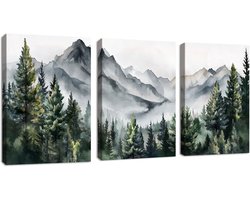 3-Delig Ingelijst Abstract Groen Uitzicht Canvas Schilderij - Berg Bos Landschap Muurdecoratie