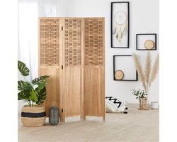3-delig Kamerscherm Lichtbruin Houten Ruimteverdeler met Rotan Uiterlijk