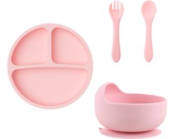 3-Delig Kinderservies Set Siliconen - Met Zuignap - Inclusief Bord, Vork, Lepel En Kom - Bpa-Vrij - Bordjes Met Zuignap - Anti-Slip - Baby Servies - Siliconen Voedingsset - Uperieure Kwaliteit Siliconen - Magnetron-, Oven- & Vaatwasserbestendig