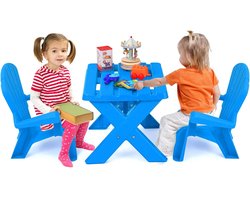 3-delig kinderzitgroep, kindertafel met 2 Adirondack-stoelen, kindertafelgroep van kunststof, kindermeubels kinderplacemat, voor kleuterschool, kinderkamer, tuin, gazon (blauw)