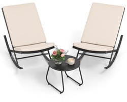 3-delig Schommel Bistro set PE-rattan Stoelen met Metalen Salontafel & Dikke Kussens Tuinmeubel Set