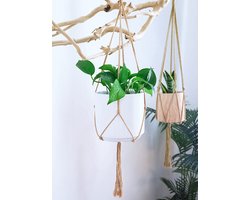 3-Delig Set Jute Macrame Plantenhangers - Boho Handgeweven Katoen Hangpot voor Binnen/Buiten - Hangende Bloempot met Kralen - Macramé Touw/Koord Hangplant Houder -Bohemian Wandhanger Decoratie -Plant Hanger -Verticale Tuin Bloempothouder Planthanger