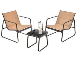 3-Delig Tuinmeubelen Ademende Stof en Metalen Frame 150KG Belasting Terrasmeubelset met Tafel van Gehard Glas Bruin