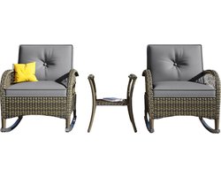 3-delig Tuinmeubelset - Loungeset - Tuinlounge Lounge Set - Lounge Set - Balkonset - Voor Balkon, Tuin of Terras - Rotan & Metalen Frame met Acaciaplaat - Waterdichte Bekleding & Grijze Kussens - 160 kg Draagvermogen