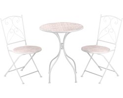 3 Delig Tuinset - Mozaïek Tuintafel met 2 Inklapbare Tuinstoelen - Weerbestendig Balkonset - Bistrotuinset van Metaal en Keramiek - Klapstoelen en Ronde Tuin Tafel voor Buitengebruik - Terrasmeubels in Witte Stijl