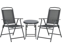 3-Delig Weerbestendig Bistro Set -Opvouwbaar Glazen Tafel & Stoelen-Donkergrijs-Tuinmeubelset voor Balkon