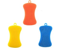 3-delige Afwasspons - Afwasborstel - Dubbelzijdige sponsborstel - Afwasborstel - Keukengereedschap - Herbruikbaar - 12,3*6,5*1,5 cm - Geschikt voor het afwassen van servies, fruit, groenten, enz. - Geel, blauw, oranje
