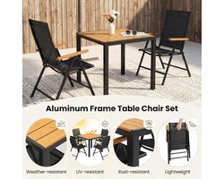 3-delige Aluminium Balkon- en Tuinset – 2 Inklapbare Stoelen met Hoge Rugleuning + WPC Tafel 75x75x72 cm – Weerbestendig, Teakbruin & Zwart – Comfortabel en Duurzaam | Laura