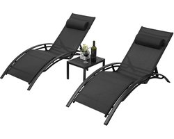 3-delige Aluminium Lounge Set voor Buiten – 2 Verstelbare Ligstoelen met 5 Posities + Bijzettafel – Stoelen - Chaise Loungeset voor Zwembad, Tuin, Strand & Camping - Zwart