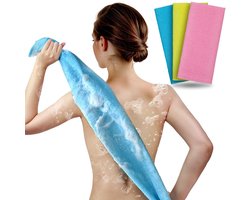 3-delige badhanddoekenset - badhanddoeken - badlaken - Exfoliërende badhanddoek - voor lichaamsscrub - 90*30 cm - Blauw/Geel/Roze