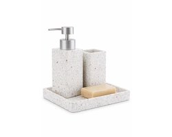 3-delige Badkamer Accessoire Set Wit Terrazzo – Zeepdispenser, Tandenborstelhouder & Tray – Polyresin – Moderne Luxe Badkamer Set