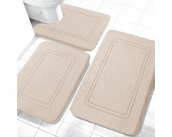 3-delige badkamermat set met memory foam, antislip en wasbare matten in beige