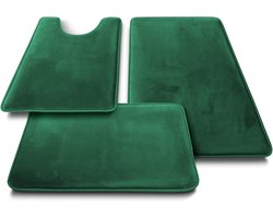 3-delige badkamermatset – Zacht & absorberend – Materiaal: polyester & traagschuim – U-vormige toiletmat – Antislip (PVC-achterkant) – Extra dikke matten – Ontworpen voor de badkamer – Groen – 40 x 60 cm