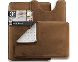 3-delige Badmatten Set – Antislip & Sneldrogend – Geheugenschuim Comfort – Voor Toilet, Douche & Badkamer – Bruin