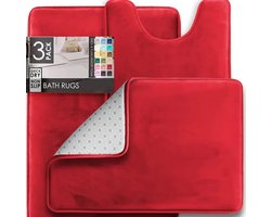 3-delige Badmatten Set – Antislip & Sneldrogend – Geheugenschuim Comfort – Voor Toilet, Douche & Badkamer – Rood