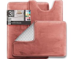 3-delige Badmatten Set – Antislip & Sneldrogend – Geheugenschuim Comfort – Voor Toilet, Douche & Badkamer – Roze