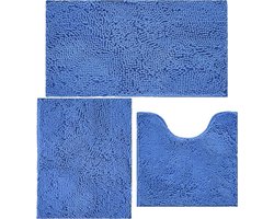 3-delige Badmatten Set Chenille - Super Absorberend & Dikke Antislip Badmat voor Badkamer, Toilet en Badkuip - Donkerblauw