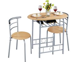 3-delige balkonmeubelen, tuinmeubelen, balkonset van hout, tuinset met 1 tafel en 2 stoelen, balkontafel, 80 x 53 x 73,5 cm, natuurlijke houtkleur