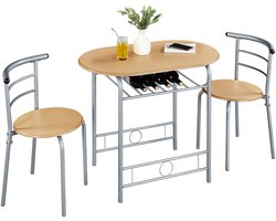 3-delige balkonmeubels, tuinmeubelen, balkonset van hout, tuinset met 1 tafel en 2 stoelen, balkontafel, 90 x 53 x 73,5 cm, houtkleur