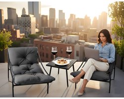 3-delige Balkonmeubelset met Afneembare Kussens – Comfortabele Lounge Tuinset voor Klein Balkon – Weerbestendige Tuinstoelen + Tafel – Grijs – Stoel 90×69×80 cm & Tafel 40×40×42 cm – Altameubel