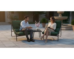 3-delige Balkonmeubelset met Tafel en Dikke Afneembare Kussens – Comfortabele Lounge Zitgroep voor Klein Balkon – Weerbestendige Tuinset Metaal & Glas – Stoelen 90×69×80 cm – Groen – Altameubel