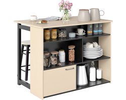 3-delige barset-bartafel met inklapbaar tafelblad-2 barkrukken-6 opbergvakken-zwart + eikenhout-116 x 70 x 89-5 cm
