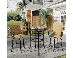 3-Delige Barset voor Buiten - 2 Draaibare Barkrukken en 1 Luxe Bartafel met Glazen Blad - Weersbestendig Textilene - 360° Roterend