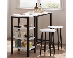 3-Delige Bartafel Set Voor 2 Personen - Ruimtebesparende Bistro Eettafel Met 3 Opbergplanken - Modern Keukenmeubel Met Metalen Frame - Voor Klein Appartement En Eetkamer - Wit Paneel + Zwarte Buis
