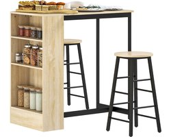3 - delige bartafelset - 1 bartafel - 2 stoelen - met opbergruimte en voetensteunen - ruimtebesparend - lichtbruin + zwart