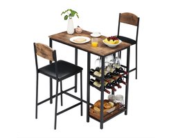 3-delige bartafelset - Voor keuken & eetruimte - Bartafel met 2 gestoffeerde stoelen, voetsteunen en opbergplank - Hout en stof - Bruin