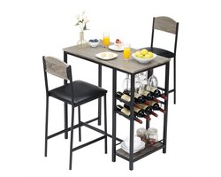 3-delige bartafelset - Voor keuken & eetruimte - Bartafel met 2 gestoffeerde stoelen, voetsteunen en opbergplank - Hout en stof - Grijs