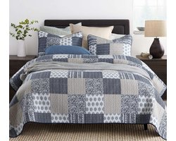 3-delige beddengoedset, 230 x 250 cm, beddensprei, bedsprei, patchwork deken, dekbed voor tweepersoonsbed (zwart blauw)
