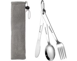 3-delige Bestek - Bestekset - Roestvrijstalen bestekset - Draagbaar outdoor bestek - Mes, vork, lepel - Met karabijnhaak - Inclusief opbergtas - Geschikt voor buitenactiviteiten, kamperen, picknicks, enz. - Zilver