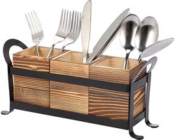 3-delige bestekbak hout metaal - bestekmand bestekhouder - lepelhouder aardewerk - keuken organizer - bruin